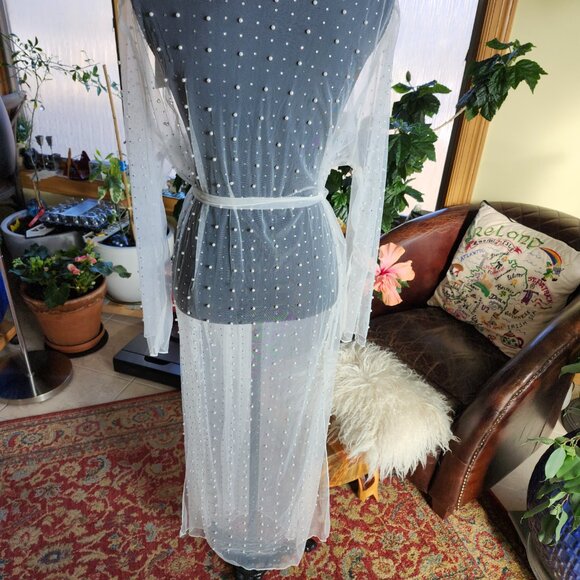 Davi & Dani Boho Sheer Pearl & rhinestone Longline Kimono Duster Cover Up 2X - Picture 8 of 15